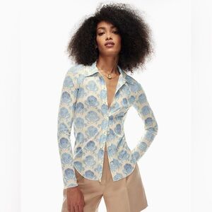 Aritzia Wilfred Pose Hip Longsleeve Small semi sheer cream blue office casual